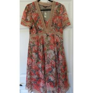 Anthropologie Ranna Gill Floral Dress Rose Bouquet Sz 12 Crochet Trim Hankie Hem